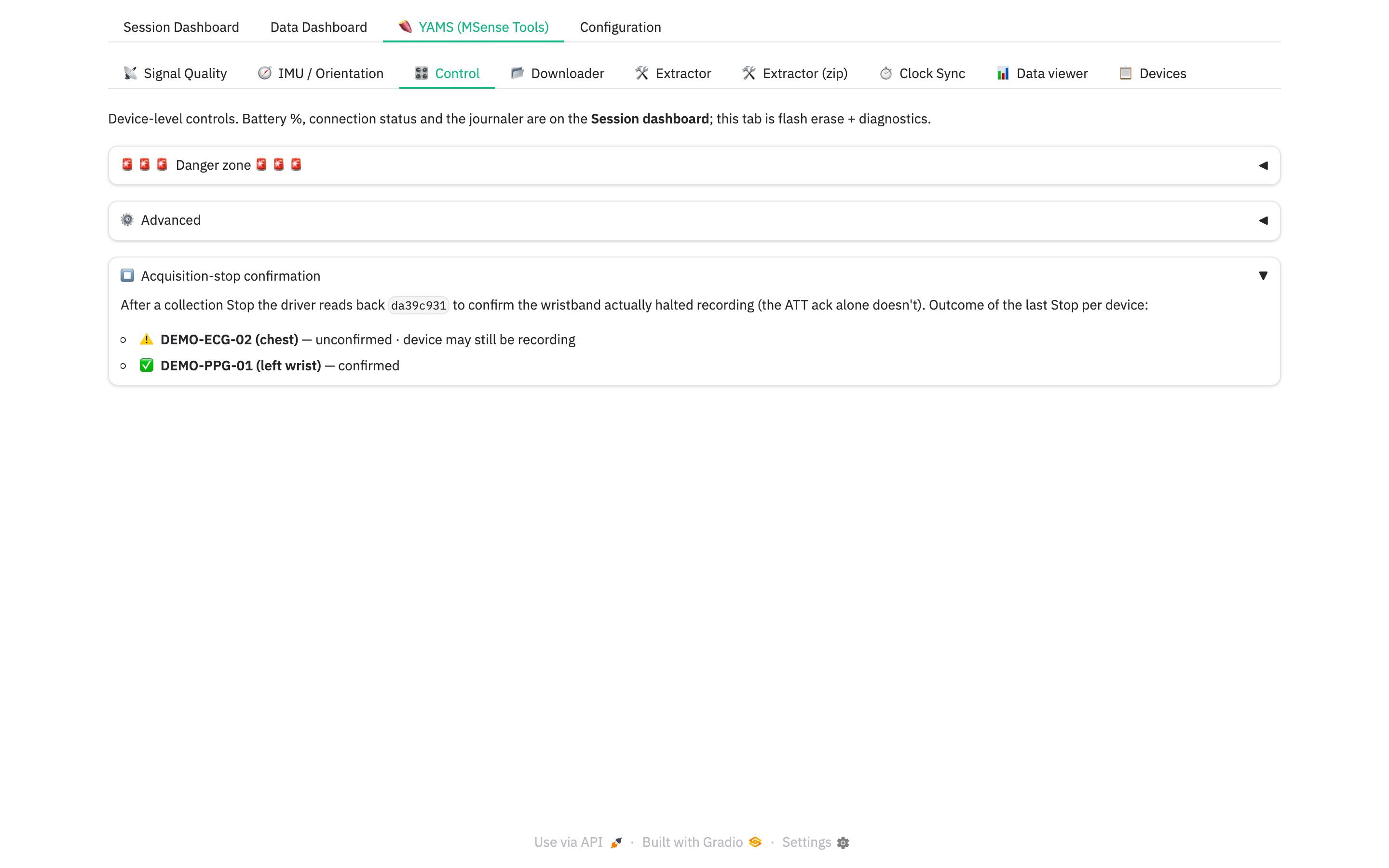 Control tab: acquisition-stop confirmation